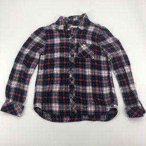 Beach Lunch Lounge Womens Flannel Shirt Plaid Medium Blue Red White Button Front